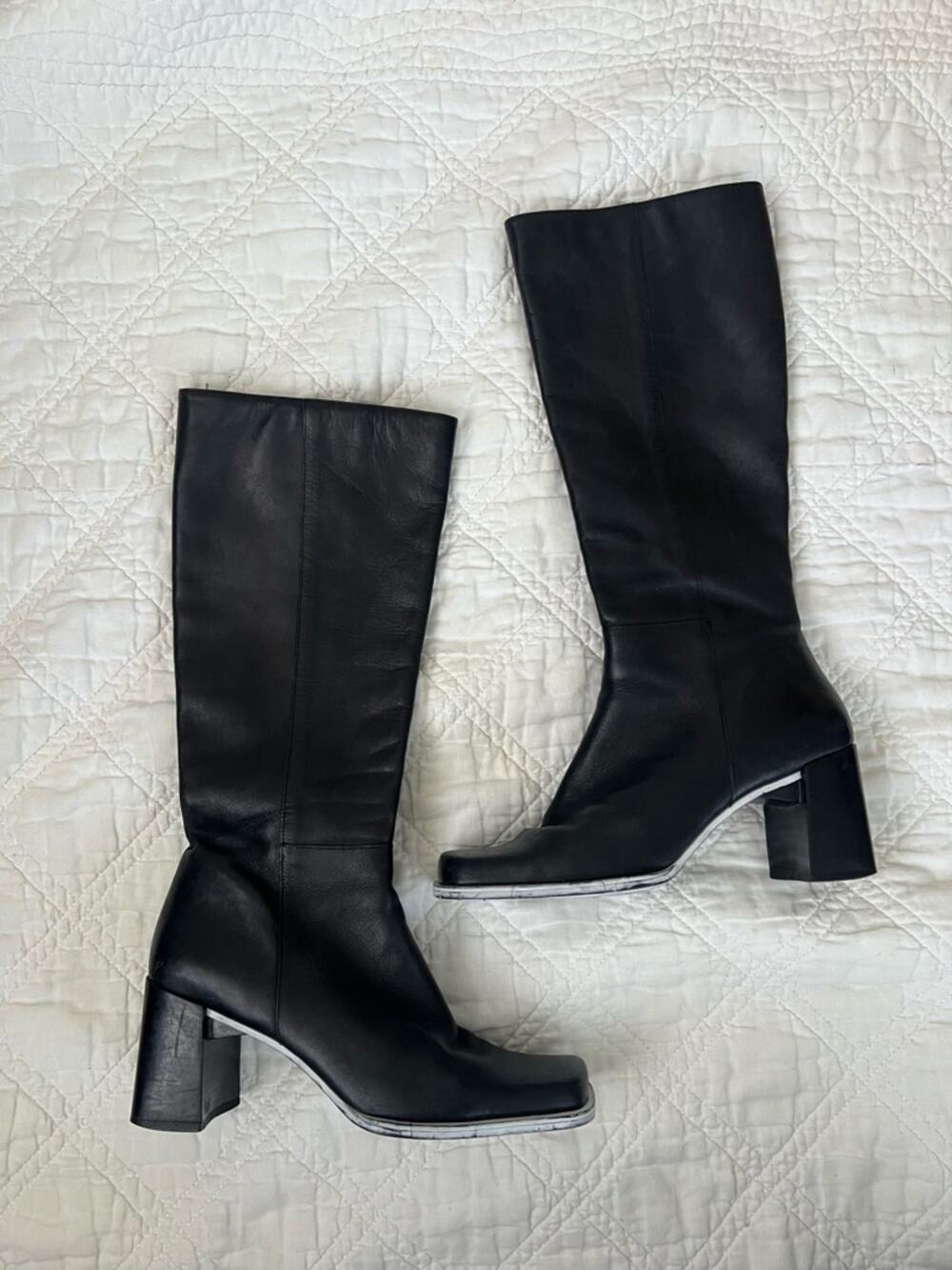 Vintage Nine West Tall Heeled Black Leather Square-ToeBoots